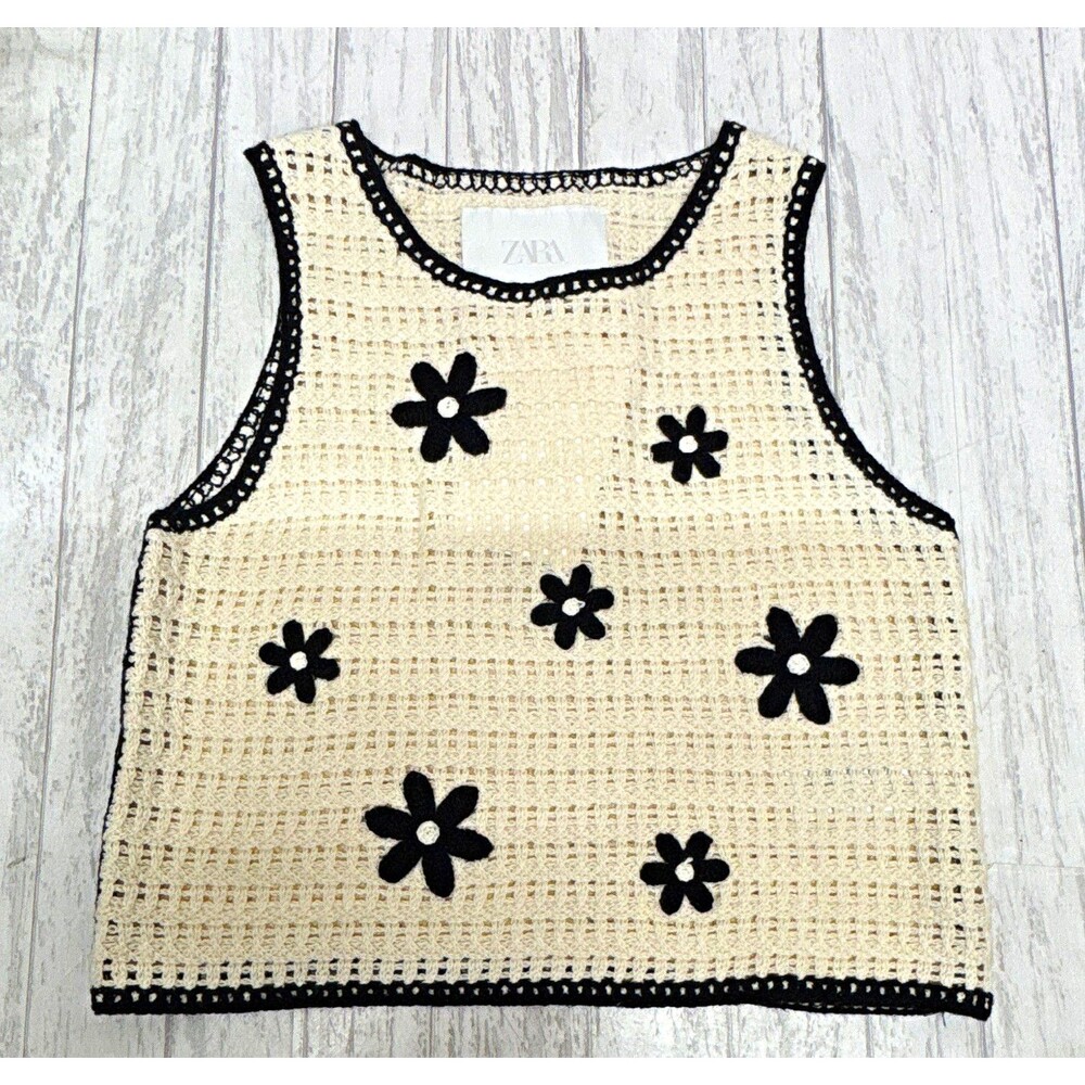 ZARA Girls Crochet Sleeveless Pullover Sweater Crew Neck Floral Beige/Black 6-7